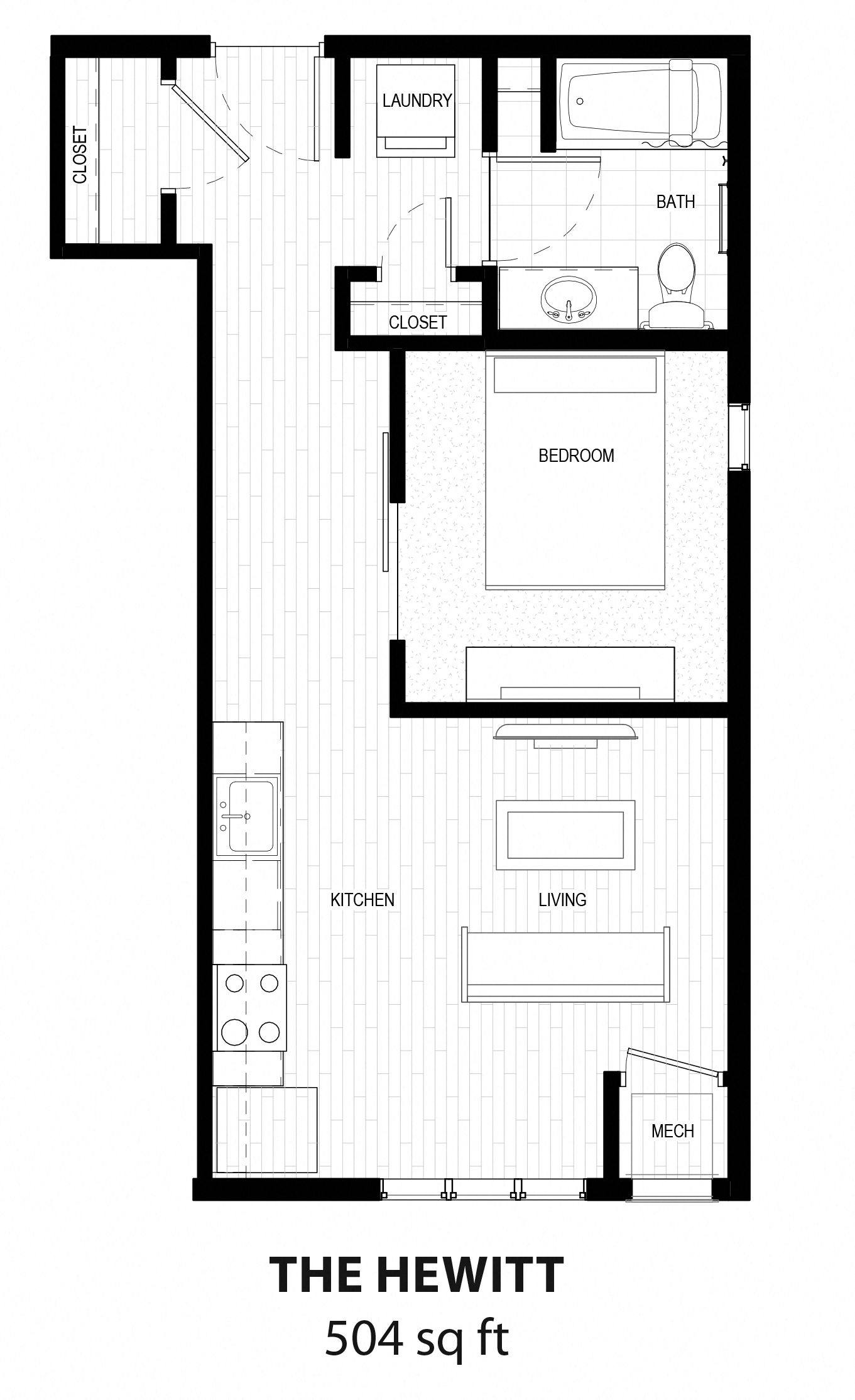 Floor plan for studio, 1 bath, 504 sqft